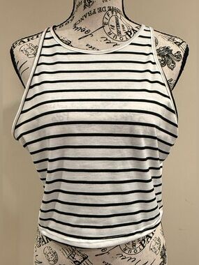 Striped High Neck Cropped Tank Top - White/Black -